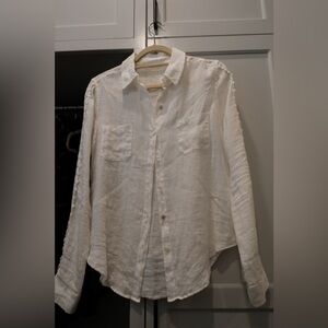 White Button-Up Linen Shirt with Lace Details